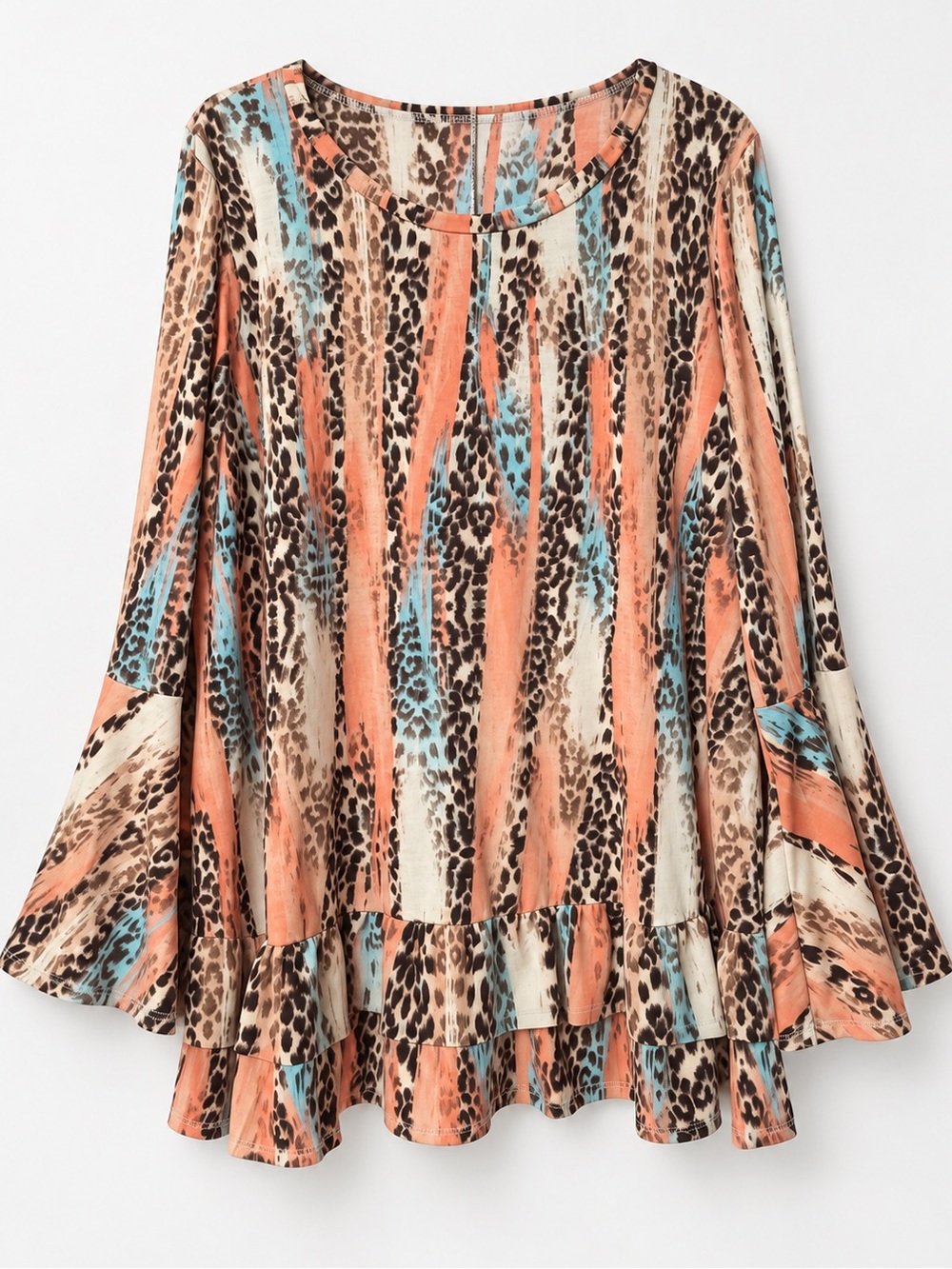 Women's Animal-Striped Ruffle Hem Skirt in Coral, Cream & Teal